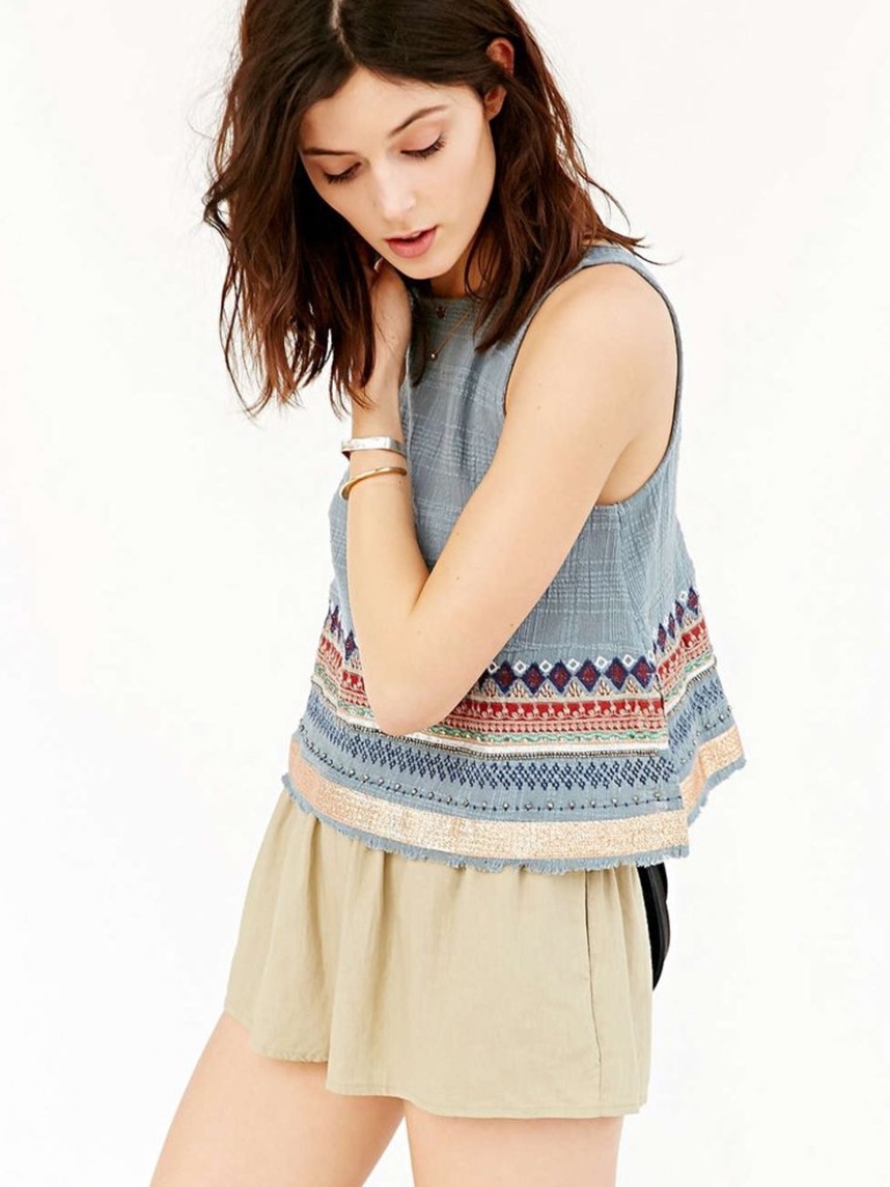 Urban Outfitters Ecote Textured Blue Apron Tank with Embroidered Hem